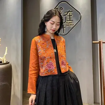 2024 китайский стиль, короткая куртка с вышивкой из хлопка и конопли в тяжелой промышленности, национальный стиль, универсальная модная одежда, женский топ hanfu