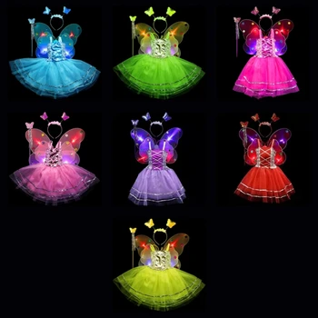 4шт дети девочки костюм феи для косплея набор металлических рукавов платье светодиодный бабочка крыло палочка повязка необычные платья