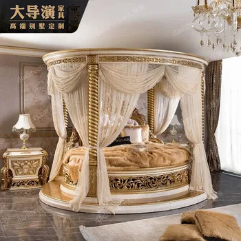 Вилла, дворец, круглая кровать из массива дерева в европейском стиле, большая кровать, французская роскошная резная кровать, главная спальня, двуспальная кровать принцессы
