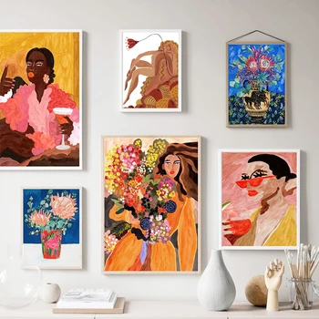 Винтажная картина на холсте в тропическом стиле, портрет девушки, Ваза для цветов, настенные художественные плакаты и принты, настенные панно для домашнего декора гостиной
