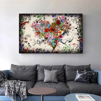 Винтажные абстрактные Красочные сердечки, цветы, холст, плакаты и принты, настенное искусство, картина для декора гостиной Cuadros