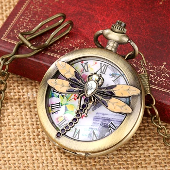 Винтажные кварцевые карманные часы с подвеской в виде стрекозы, Ажурная крышка, карманные часы, Красочный циферблат, Часы с римской цифрой, подарки, Толстая цепочка