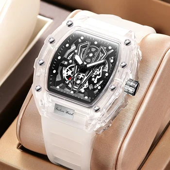 Дропшиппинг Мужские часы Tonneau Модные спортивные люминесцентные кварцевые часы В специальном прозрачном корпусе Белые мужские часы без логотипа