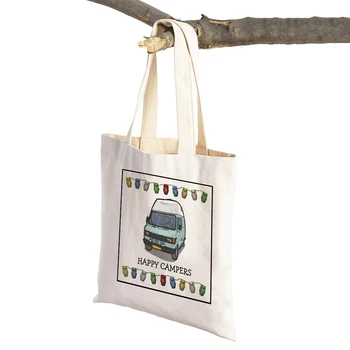 Женская холщовая сумка для покупок Happy Camper Van Life Lady с двойным принтом, повседневный мультяшный дом, дорожная машина, эко-сумки для покупок, сумка-тоут