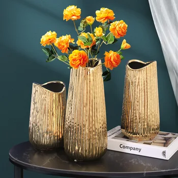 Легкая роскошная гальваническая золотая ваза с широким горлышком, украшение для гостиной цветочной композицией, креативное моделирование цветочных украшений