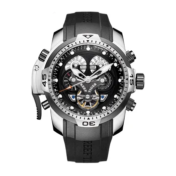 Мужские спортивные наручные часы Reef Tiger Aurora Serier RGA3503 в стиле милитари с многофункциональным циферблатом, автоматические механические часы - резиновый ремешок для часов