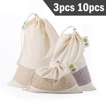 Набор эко-хлопчатобумажных сумок Кухонная сумка для хранения Многоразовая сумка для хлопчатобумажных продуктов со шнурком Многоразовая хозяйственная сумка с окошком