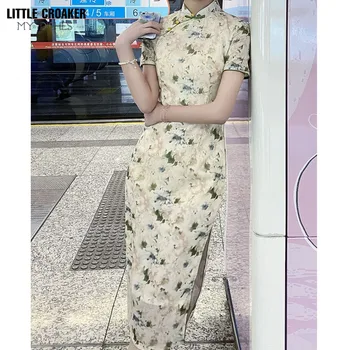 Новое улучшенное летнее китайское платье Ципао Cheongsam 2023, женская одежда высокого качества в китайском стиле с цветами, платье Ципао