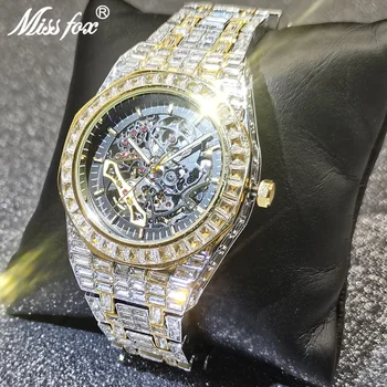 Новые Механические мужские часы в стиле хип-хоп, автоматические Роскошные Полые наручные часы из нержавеющей стали со льдом, мужские Квадратные украшения из муассанита.