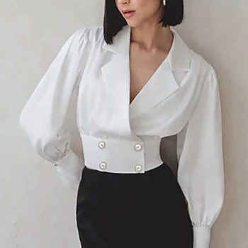 Офисная белая блузка во французском стиле с длинным рукавом, женские Корейские двубортные тонкие рубашки с зубчатым воротником, повседневные короткие топы 28698