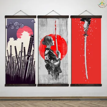 Плакаты и принты с японским мечом самурая, настенные картины, картины на холсте, настенные художественные рамки, живопись со скроллингом, поп-арт, домашний декор