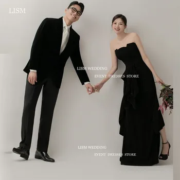 Простые черные корейские платья для выпускного вечера без бретелек, корсет для фотосессии, нерегулярная спина, длина до пола, свадебные вечерние платья для невесты