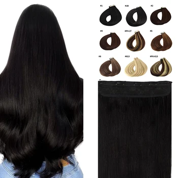 Прямая Проволочная Заколка Для Наращивания Волос Fish Line в Человеческих Волосах с Невидимой Секретной линией Натуральный Черный # 1 16-26 Дюймов 120 г для Женщин