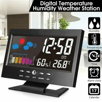 Светодиодный цифровой будильник 5 в 1, календарь, погодный дисплей, термометр, монитор влажности с функцией повтора.