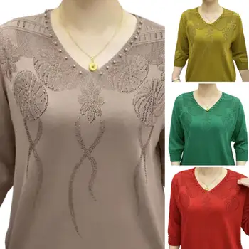 Свитер с V-образным вырезом, элегантный женский пуловер с V-образным вырезом и цветочным рисунком для женщин среднего возраста, блузка с эластичными манжетами, мягкий топ для мамы на троих