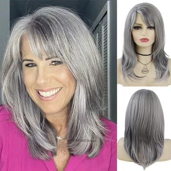 Синтетические волосы, длинный серый парик для женщин, натуральные прямые прически, мамин парик, челка, Костюмированная вечеринка для старушек, Серебристо-серый бабушкин парик