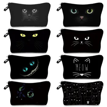 Сумки-органайзеры для макияжа, экологичная многоразовая дорожная сумка для карандашей, настраиваемая Женская косметичка, набор туалетных принадлежностей с милым мультяшным принтом Черного кота
