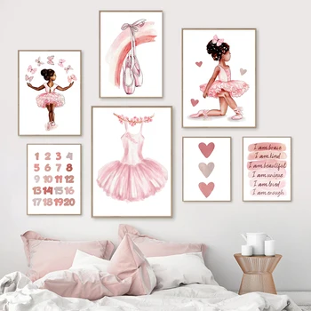 Черные балетки для девочек, Розовые туфли, платье, Качели с бабочкой, Настенное искусство, холст, картина, плакат, печать, Картина, комната для девочек, Детская, Домашний декор