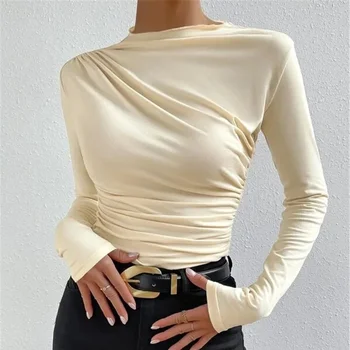 Элегантная однотонная плиссированная приталенная футболка для женщин, модные футболки с длинным рукавом и круглым вырезом, женские повседневные нижние пуловеры, футболки, топы 30454